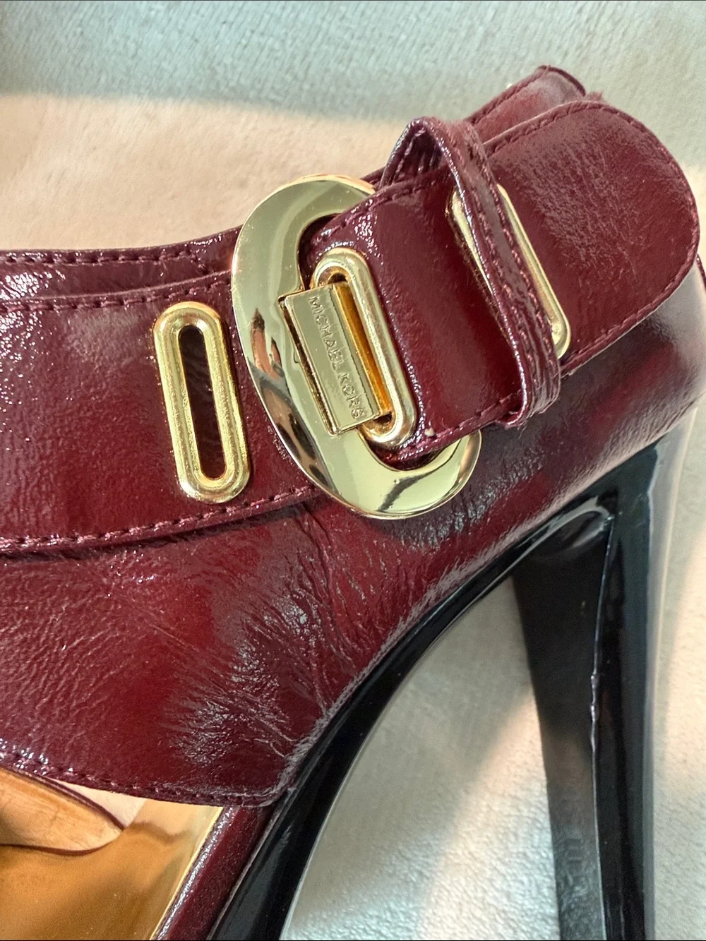 Michael Kors Darby Maroon PatentLeather Platform Stiletto Heels with Gold Buckle